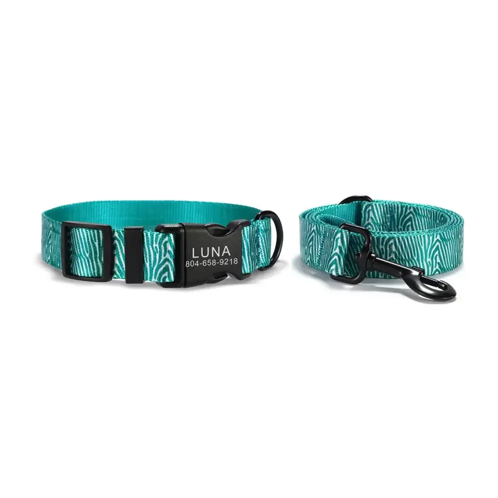 Collar personalizado para mascotas, correa de plomo, placa de identificación, ajustable, cebra verde, fibra suave, gato y perro
