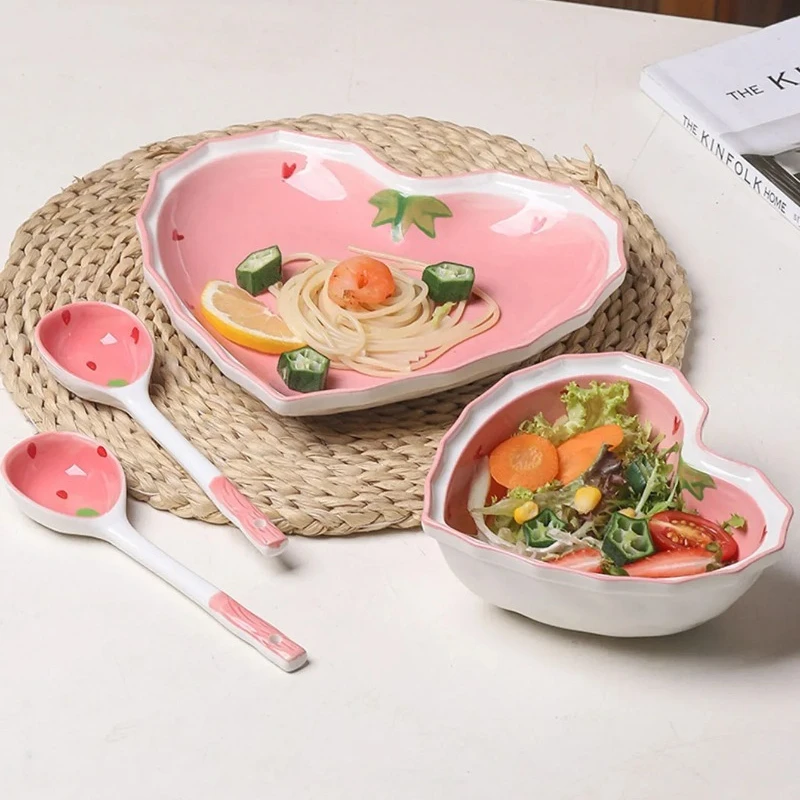 Juego de plato cuchara y tazón de fresa, cuenco de corazón para niña hermosa, ensaladera, postre, vajilla para el hogar, 3 uds. - imagen 4
