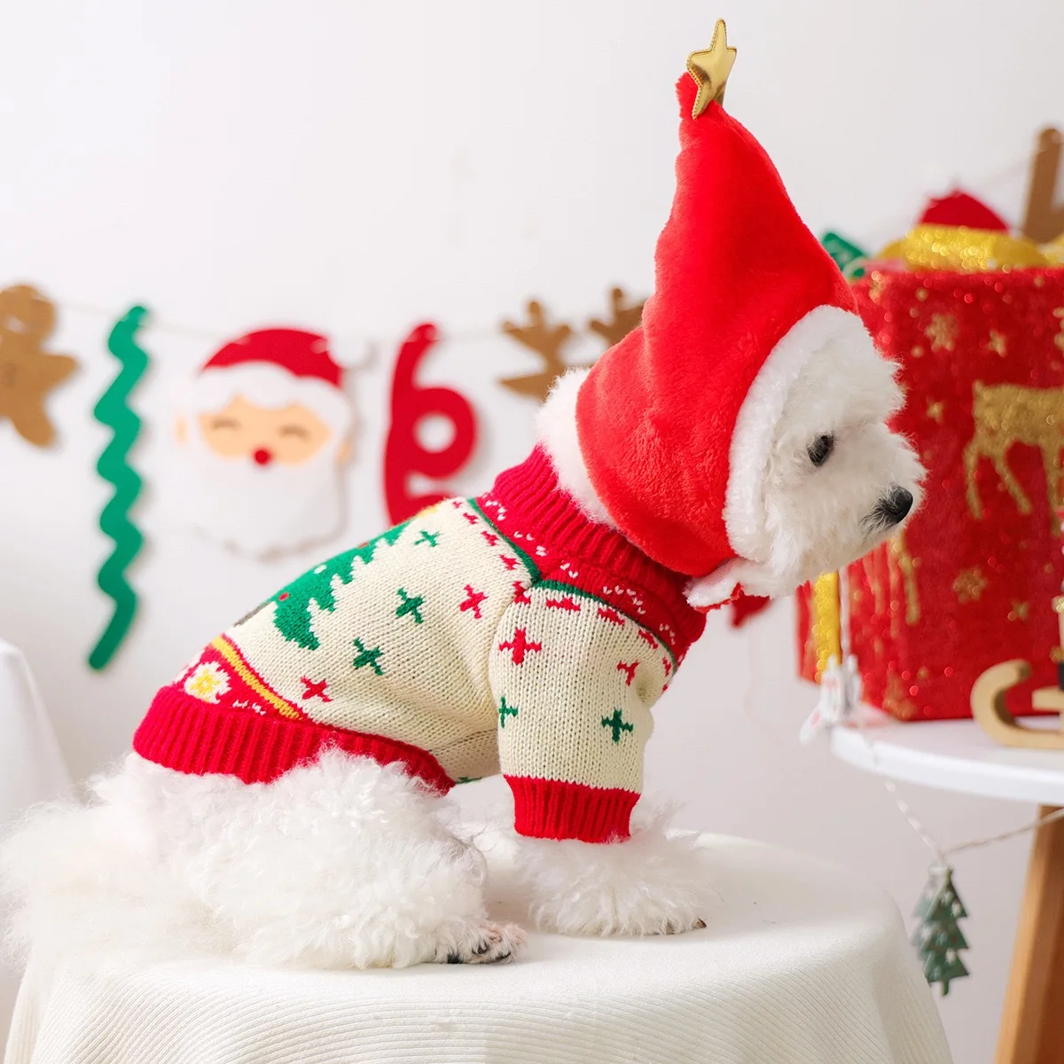 Ropa de invierno para mascotas con árbol de Navidad, oso de peluche, los mejores deseos, Festival, suéter para gatos, gorra de estrellas, monos de lana para cachorros de Bulldog Francés - imagen 3