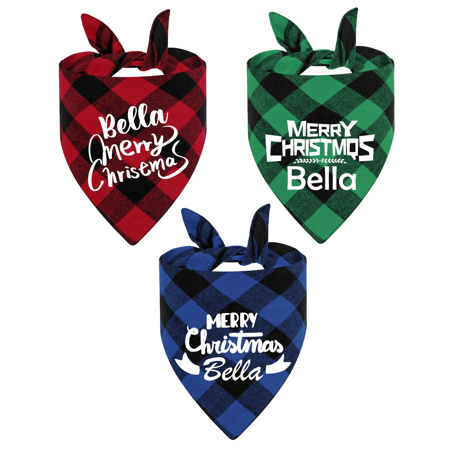 Feliz Navidad Santa nombre personalizado rojo verde a cuadros mascota perro Bandana triángulo bufanda Baberos para mascota cachorro perro accesorios de fiesta de vacaciones - imagen 5
