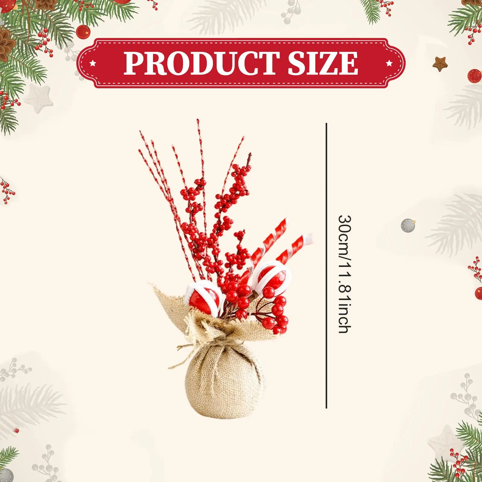 Mini Christmas Tree with Red Berries Table Decoration Burlap Base Tabletop Artificial Christmas Tree for Table Holiday Office