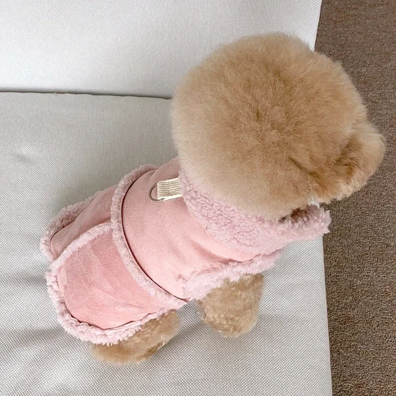 Ropa para perros sin cuerda de Color sólido, abrigo de algodón para mascotas, chaqueta gruesa de peluche cálida para invierno, camisa Tractable con botones divididos - imagen 4