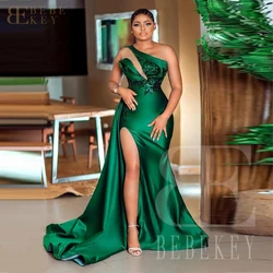 BEBEKEY-vestido de dama de honor de satén verde esmeralda, vestido de fiesta de boda con lentejuelas y cuentas, vestido personalizado de fiesta de noche de lujo