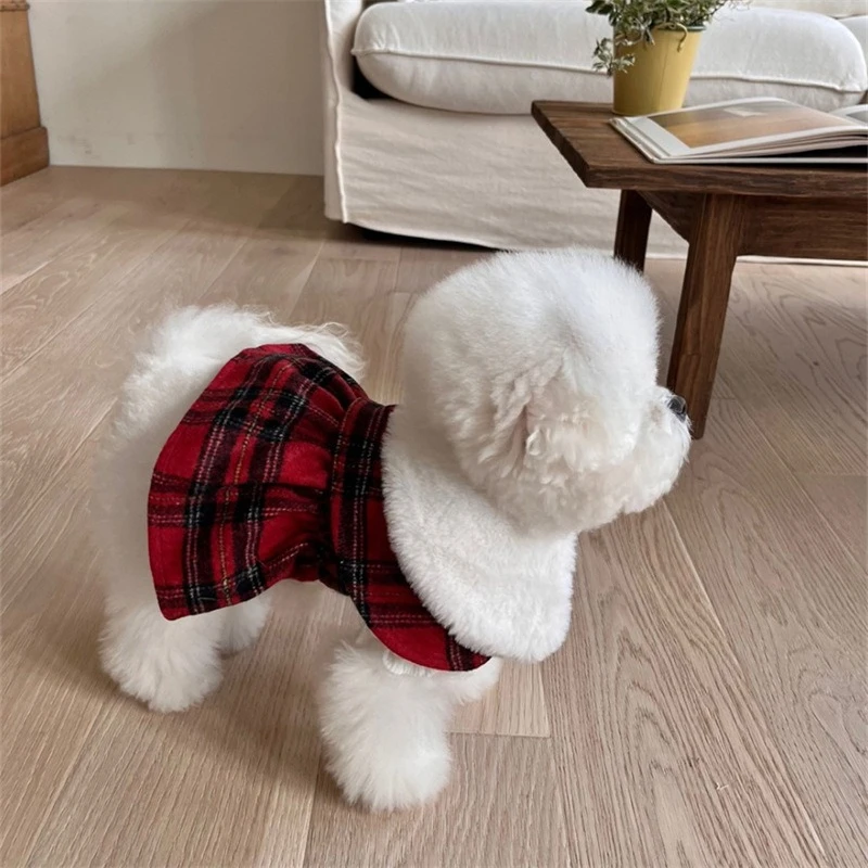Vestido de Navidad para mascotas, capa de felpa de otoño e invierno, abrigo de lana a cuadros rojo, ropa para perros pequeños, ropa para cachorros - imagen 4