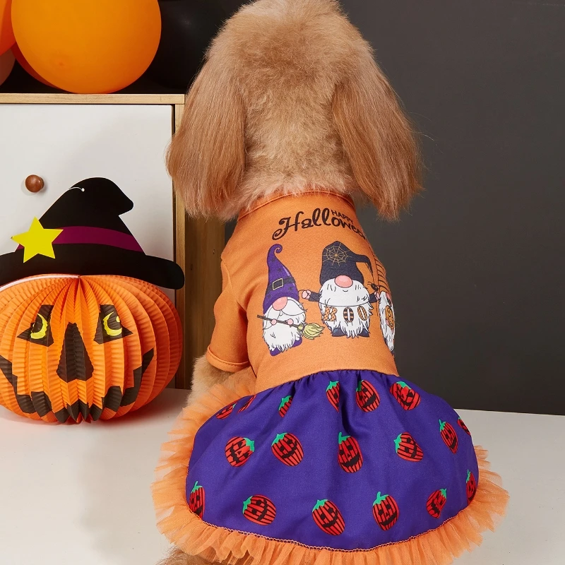 Vestido de Halloween para mascotas con estampado de gnomo, patrones de calabaza y falda de tul, opciones naranja y morado para perros pequeños, fiestas de Halloween - imagen 4