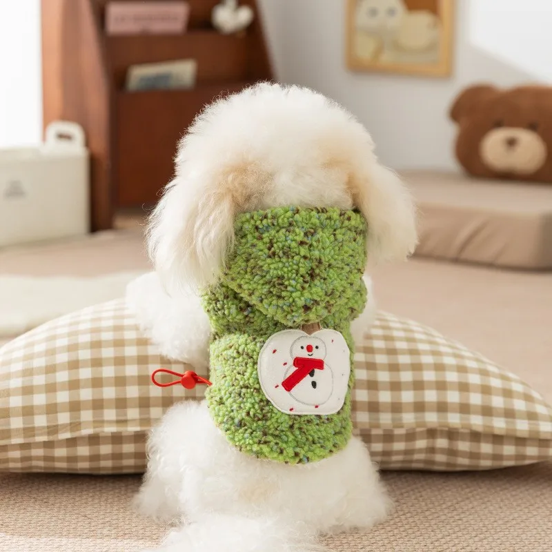 Ropa navideña para mascotas, ropa para perros, muñeco de nieve, ropa cálida de invierno para mascotas, patrón de muñeco de nieve, chaleco de algodón extraíble para cachorros de lana de cordero - imagen 3