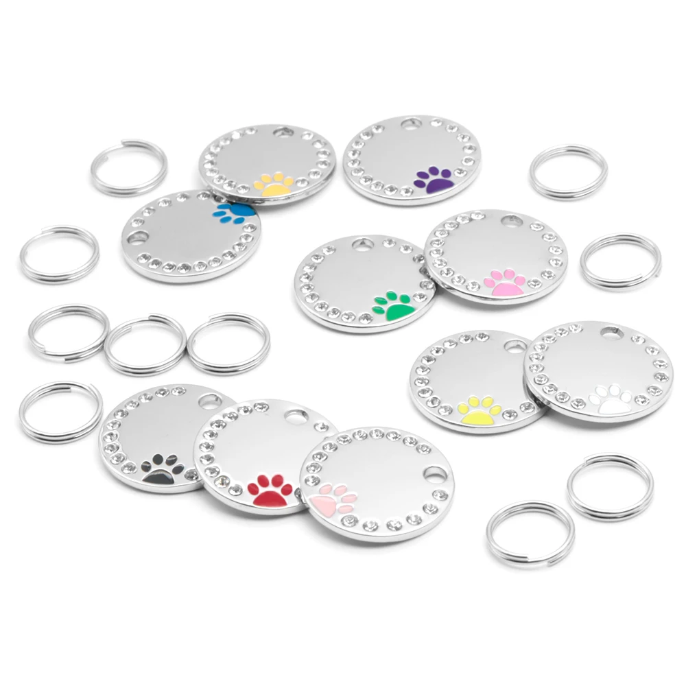 Venta al por mayor, 100/50 Uds., diamantes de imitación, lindo círculo, pata, identificación grabada, etiqueta de perro, tienda de mascotas de aleación para placa de Animal personalizada - imagen 5