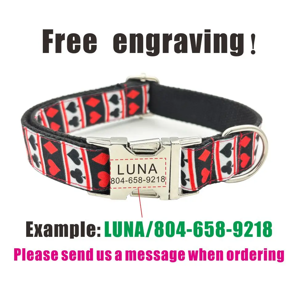 Collar personalizado con diseño de póker para mascotas, etiqueta de identificación personalizada para cachorros, accesorio ajustable para gatos, collares básicos para perros en negro y rojo - imagen 4