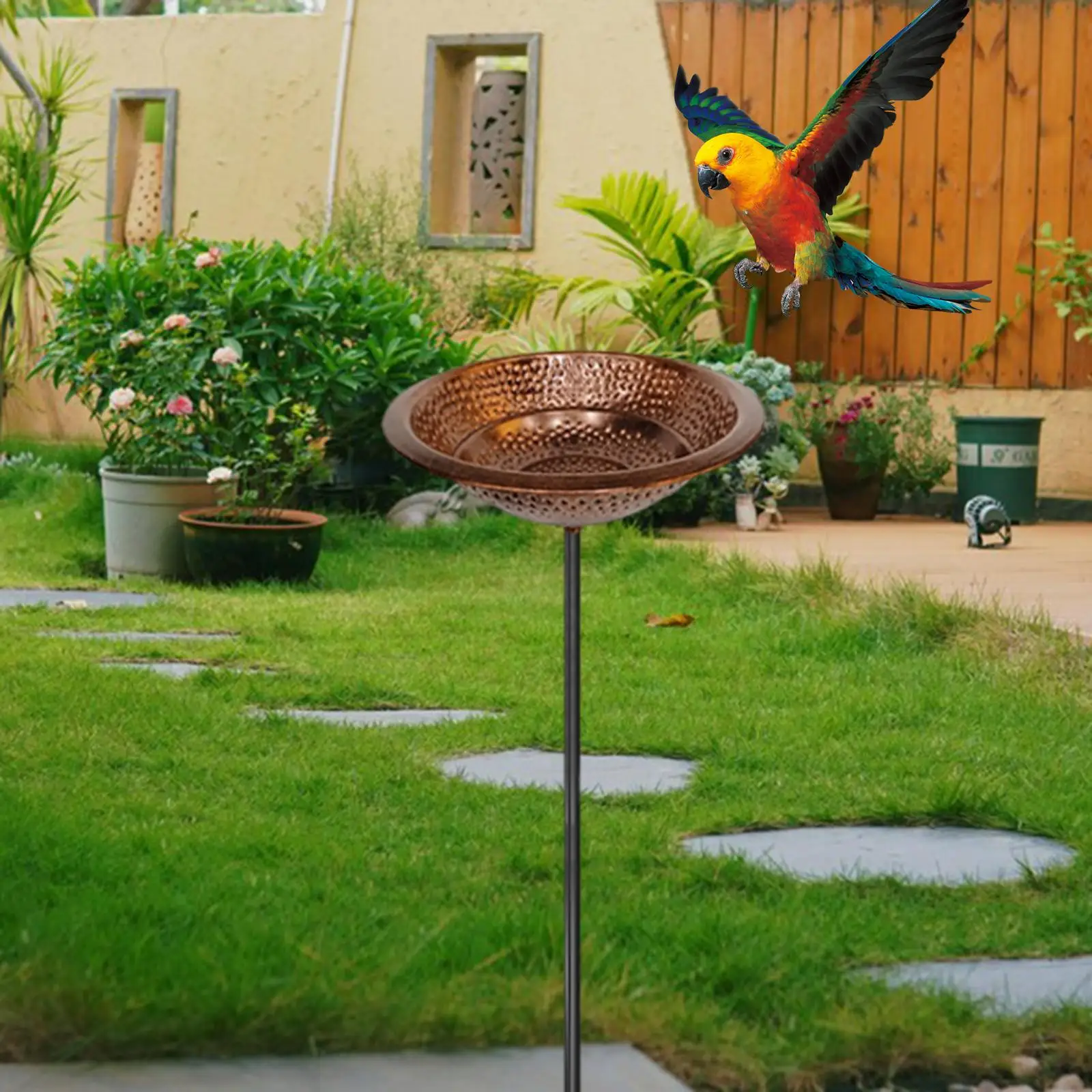 Baño de pájaros de hierro para beber, regalo de paisaje, bandeja alimentadora de pájaros con estación de alimentación de Base de 5 puntas para valla, balcón, patio, césped y patio trasero - imagen 4
