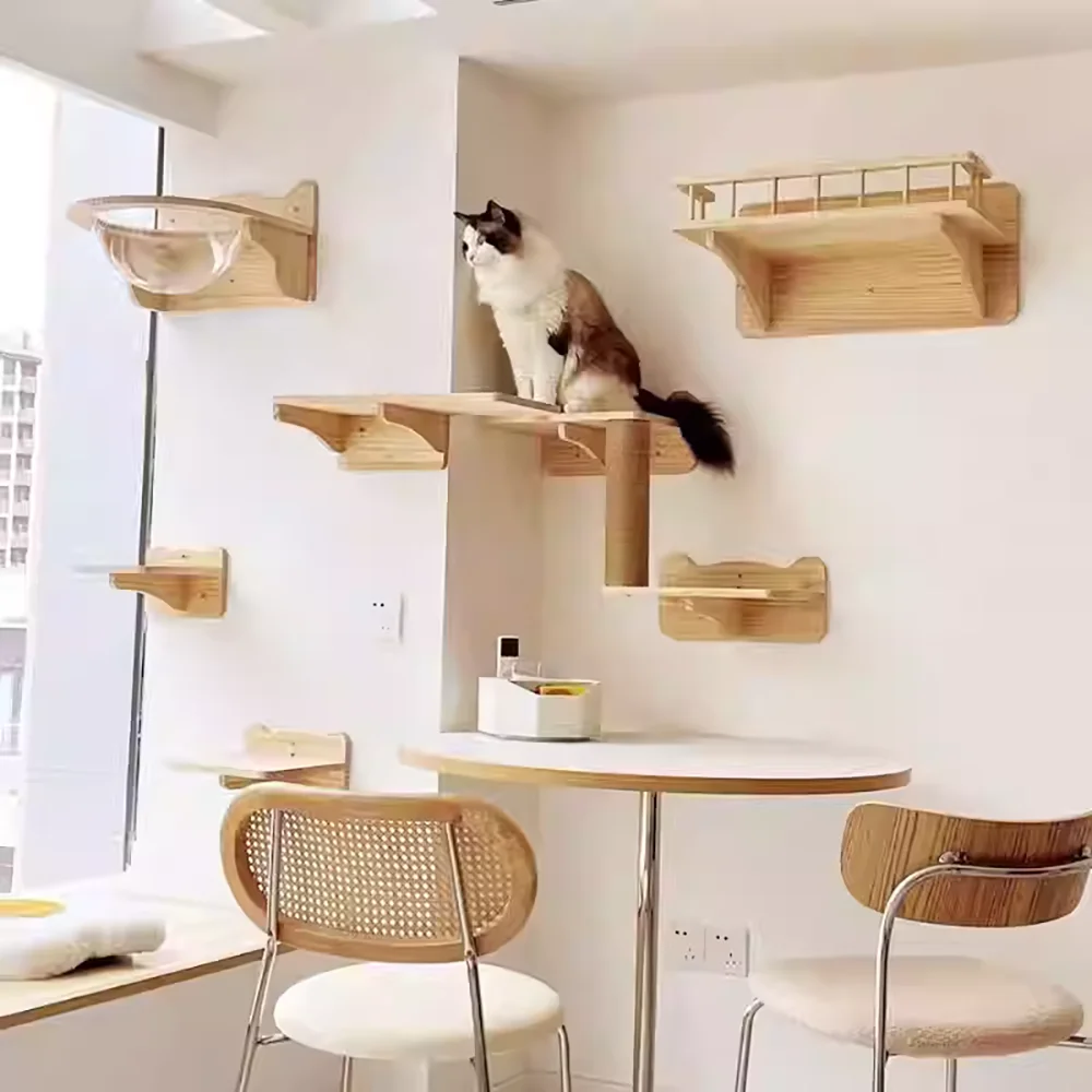 Estantes de madera para árbol de gato montados en la pared, postes rascadores, perchas trepadoras para gatos, hamaca con escalones y escalera, muebles de madera para mascotas - imagen 2