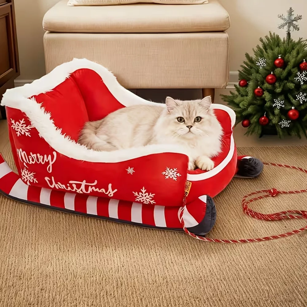 Trineo para gatos, cama para mascotas, regalo festivo de Navidad con diseño de copo de nieve rojo y blanco, cómodo tapete duradero para perros pequeños y gatos grandes