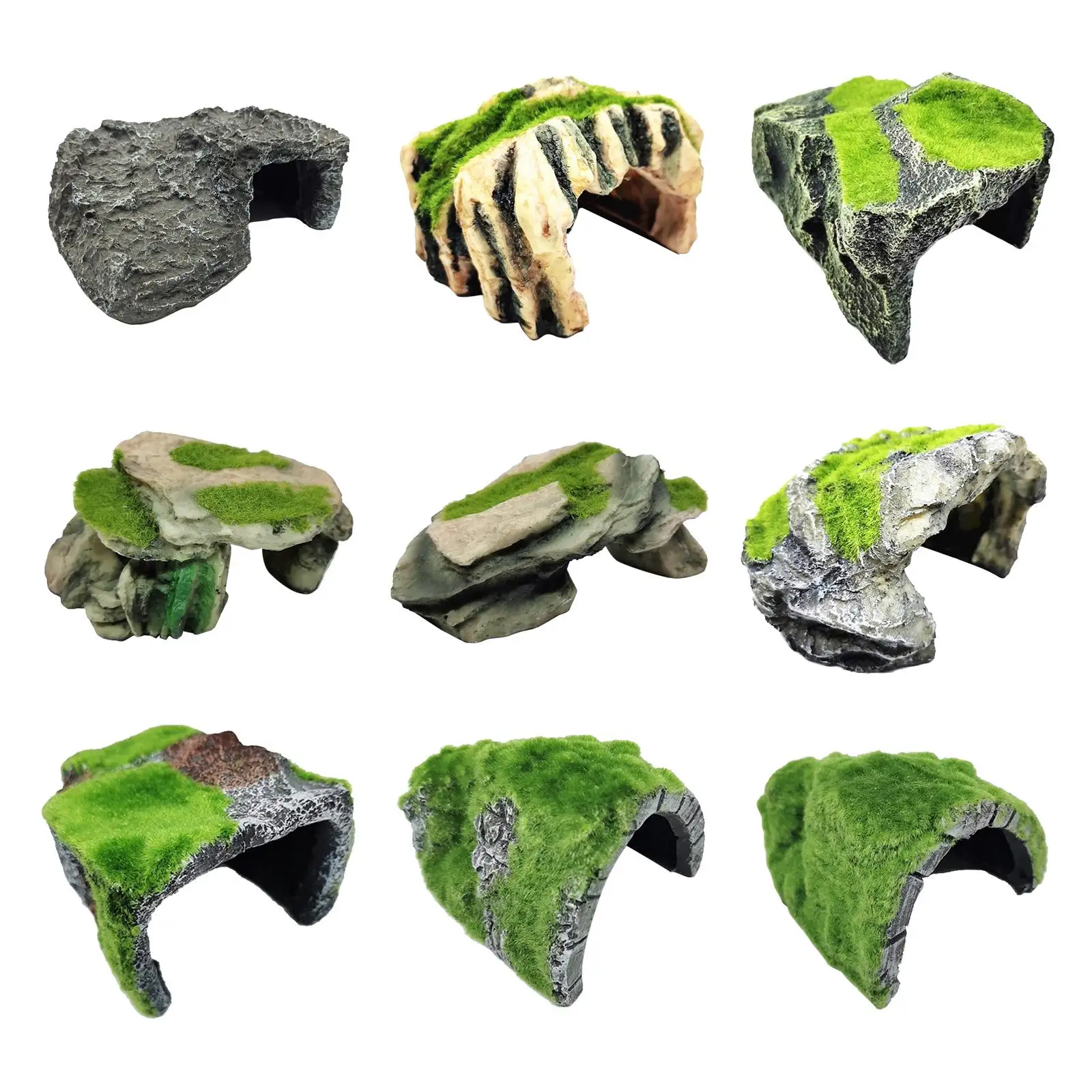 Simulate Moss Rockery Stone Reptile Hiding Cave Snake Turtle Hide Rest Fish Tank Landscaping Aquarium Decor