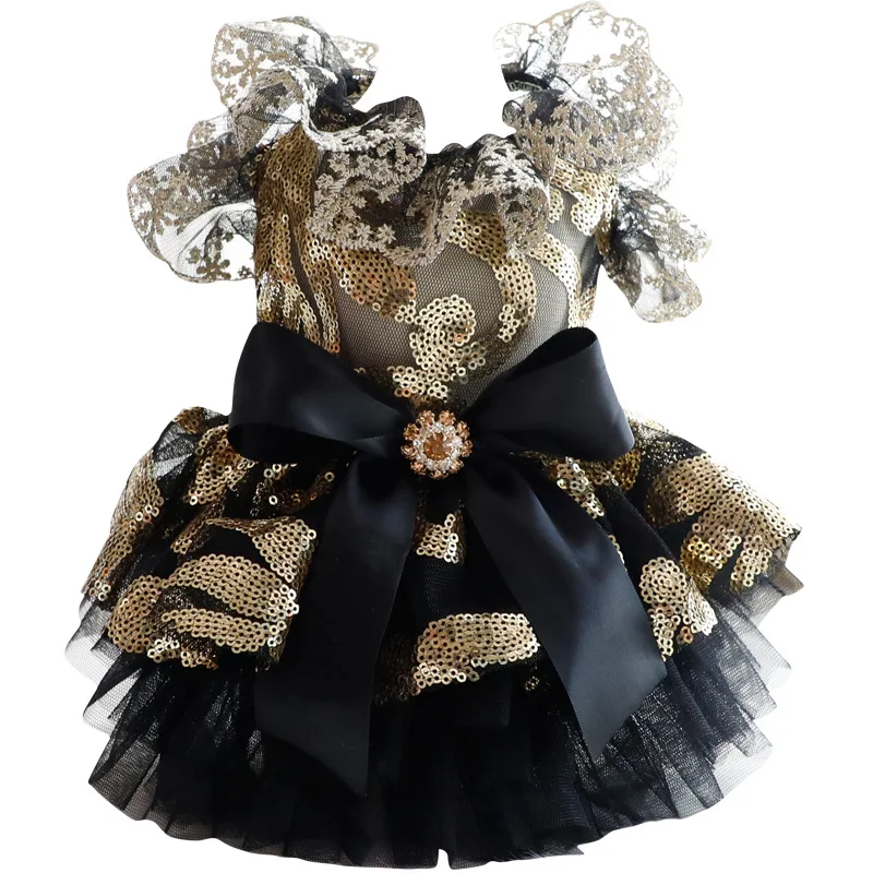 Vestidos de gasa transpirables de verano para mascotas, elegantes vestidos de boda ahuecados de Estilo Princesa de oro negro para gatos y perros - imagen 5