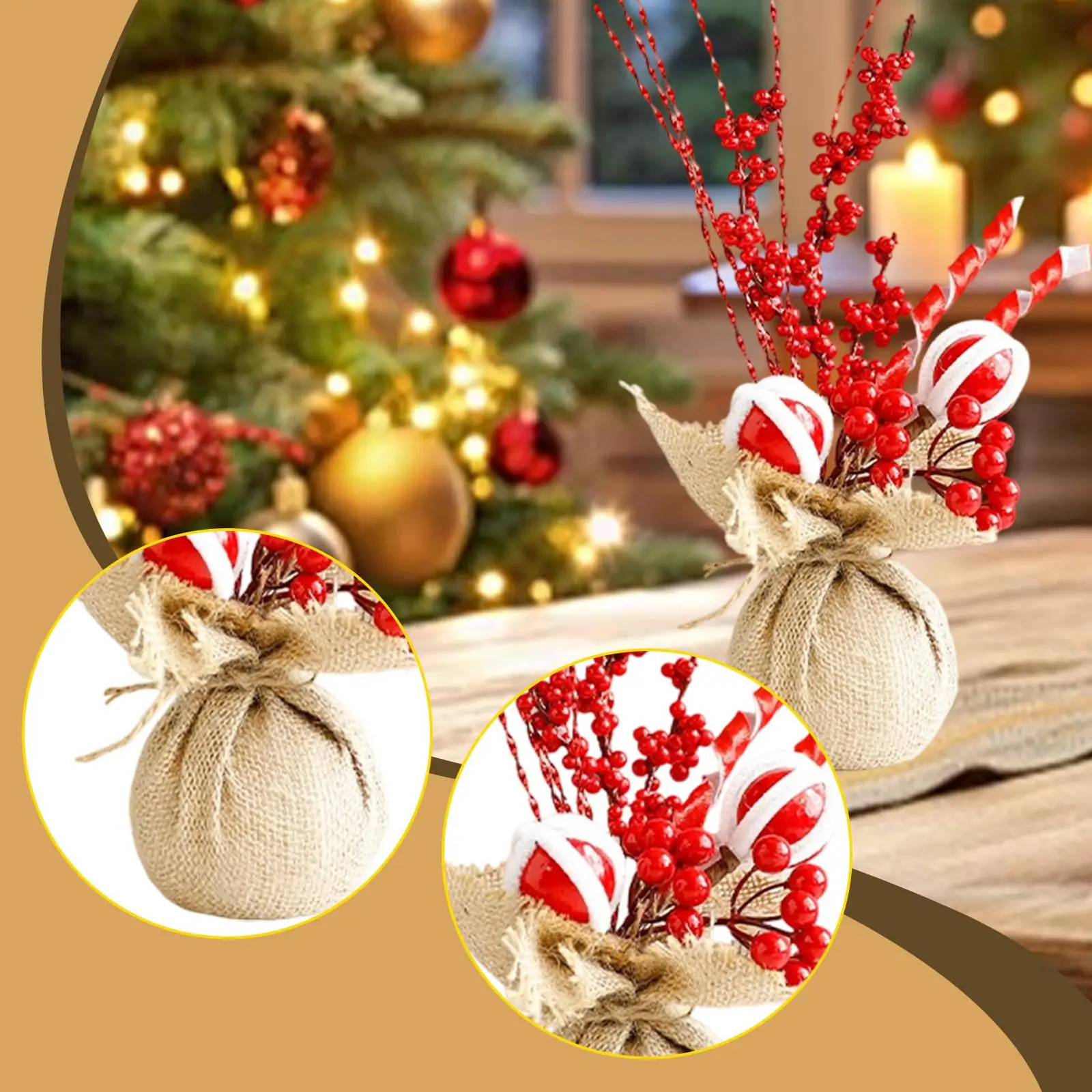 Mini Christmas Tree with Red Berries Table Decoration Burlap Base Tabletop Artificial Christmas Tree for Table Holiday Office