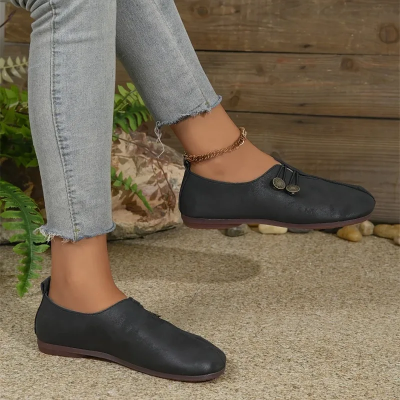 Cómodos zapatos planos con punta redonda y suela suave para mujer, con hebilla decorada, color sólido, informal, transpirable, diseño sin cordones fácil - imagen 4