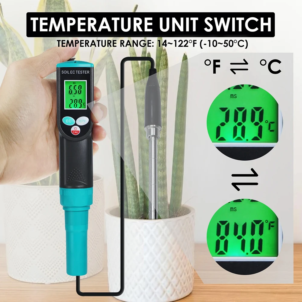 Medidor EC de suelo portátil, analizador de suelo de alta precisión, Detector de temperatura y EC de suelo 2 en 1, pantalla LCD, probador de suelo para flores - imagen 5