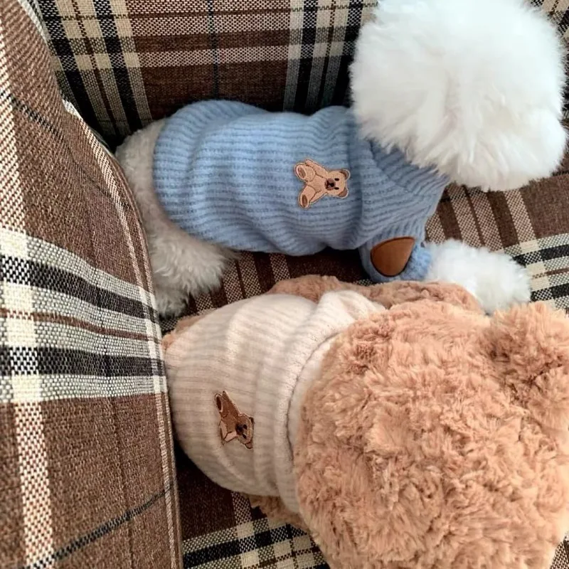Ropa para mascotas, ropa para mascotas de estilo europeo, camisa de fondo de punto de peluche, chaleco de manga con parche de Pomerania, Jersey cálido de invierno Yorkshire - imagen 3