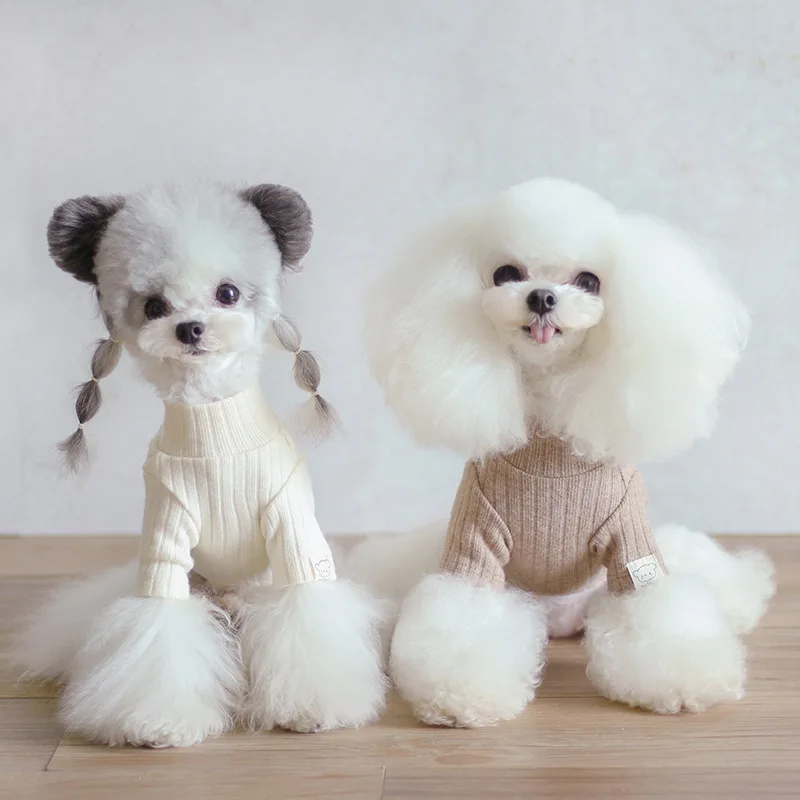 Camisa básica de cuello alto a rayas para mascotas, bonito Top de punto con logotipo de oso de peluche, camisa Base, Sudadera con capucha para el hogar, ropa para cachorros para perros pequeños - imagen 2