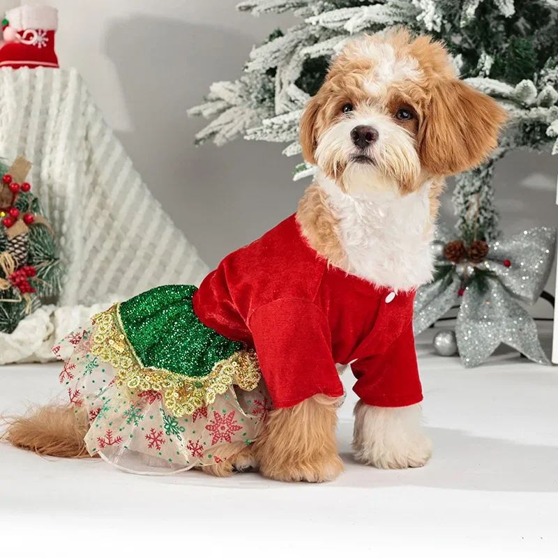 Ropa de fiesta cálida S-XL vestido navideño para perros tutú de terciopelo con purpurina y encaje, traje de invierno rojo/verde para mascotas para perros pequeños y medianos,