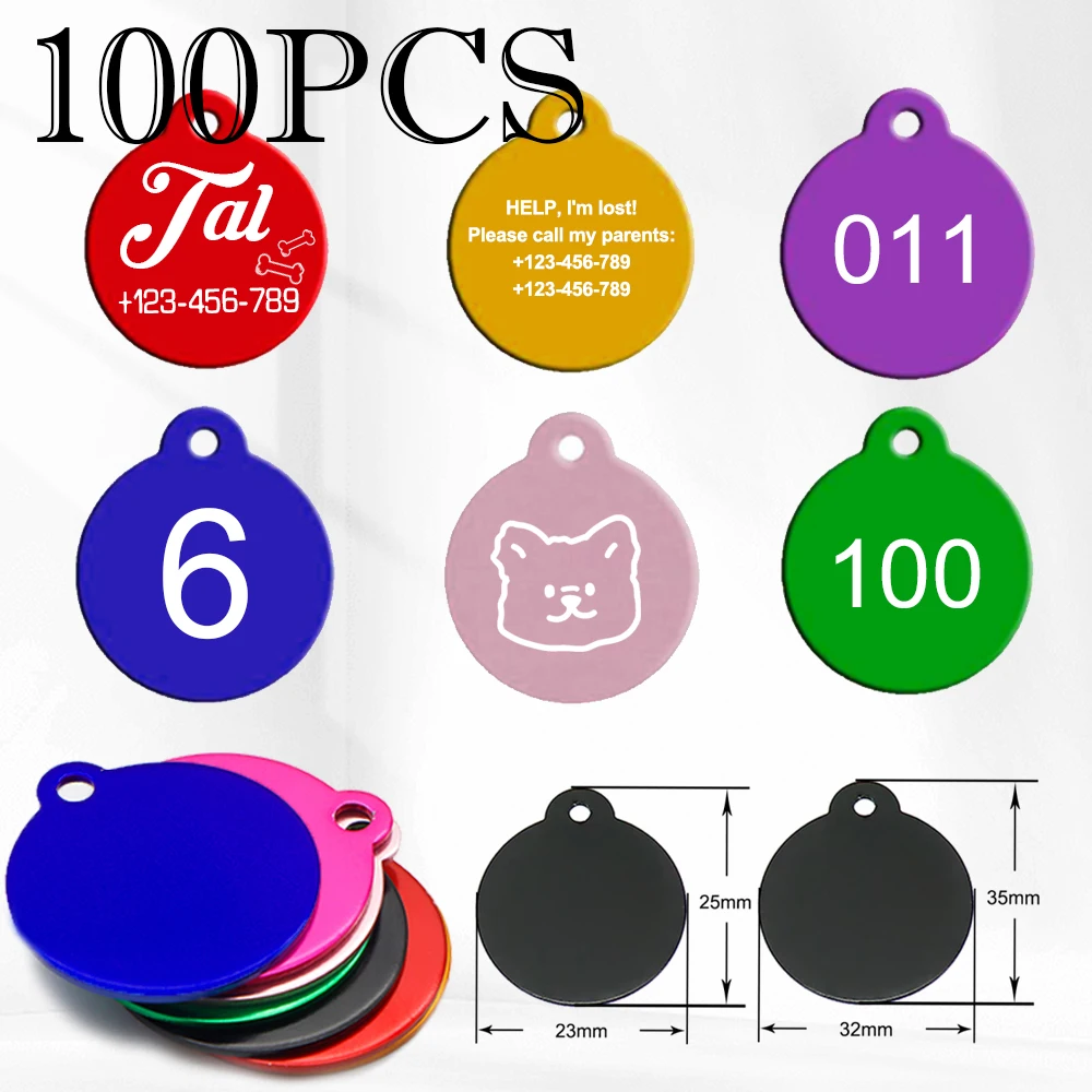 100 Uds. Suministros para mascotas con logotipo elegante grabado láser personalizable llavero de identificación de gato personalizado con colgante redondo Collar para mascotas