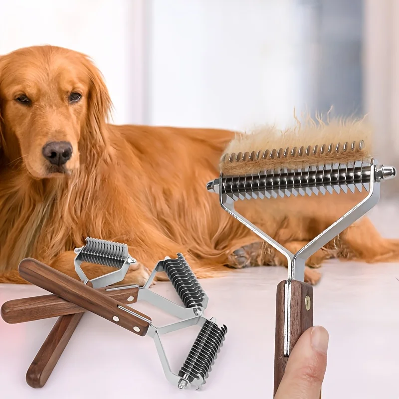 Peine anudado de acero inoxidable para mascotas, removedor de pelo de perro de doble cara, mango de madera, cepillo de deshedding para perros, gatos, accesorios para perros