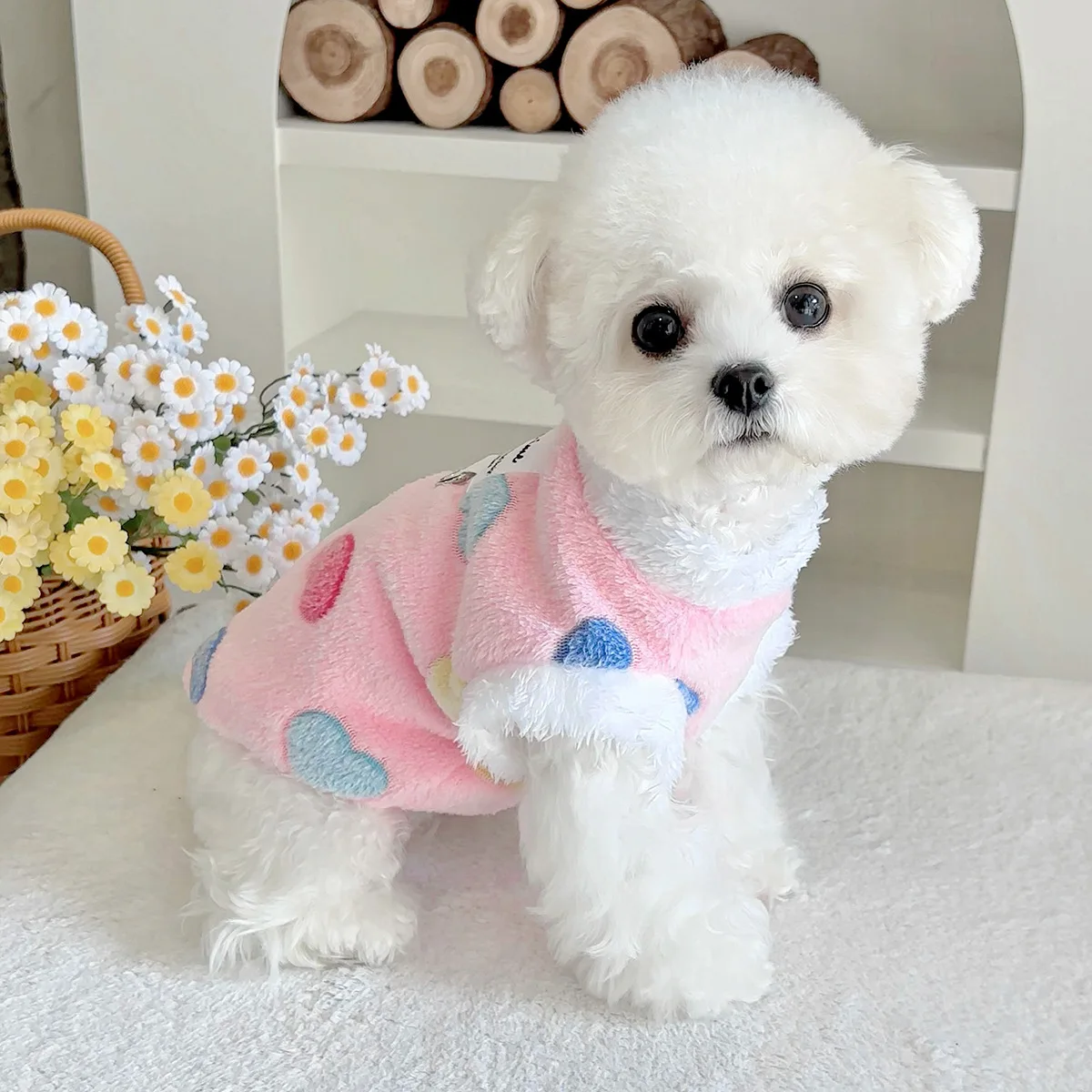 Otoño e Invierno mascota de peluche colorido amor camiseta sin mangas Teddy perro pequeño tracción abrigo de felpa gato Sudadera con capucha ropa para cachorros chaleco para perros - imagen 3