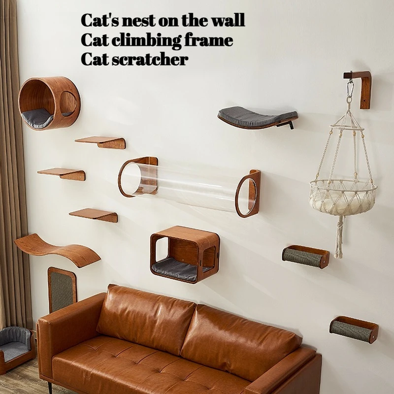 Estante para cama de gato de madera maciza, tablero rascador, juguetes, marco de escalada para gatos montado en la pared, productos de muebles para el hogar, accesorios de adornos