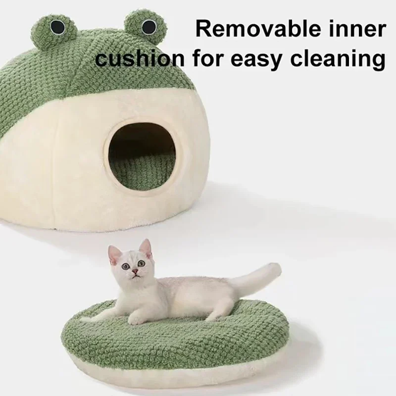 Cama para Gato, cama para perros pequeños, estera redonda de felpa de rana de dibujos animados, cálida, para dormir profundo, cómoda, suave y transpirable, suministros para mascotas - imagen 2