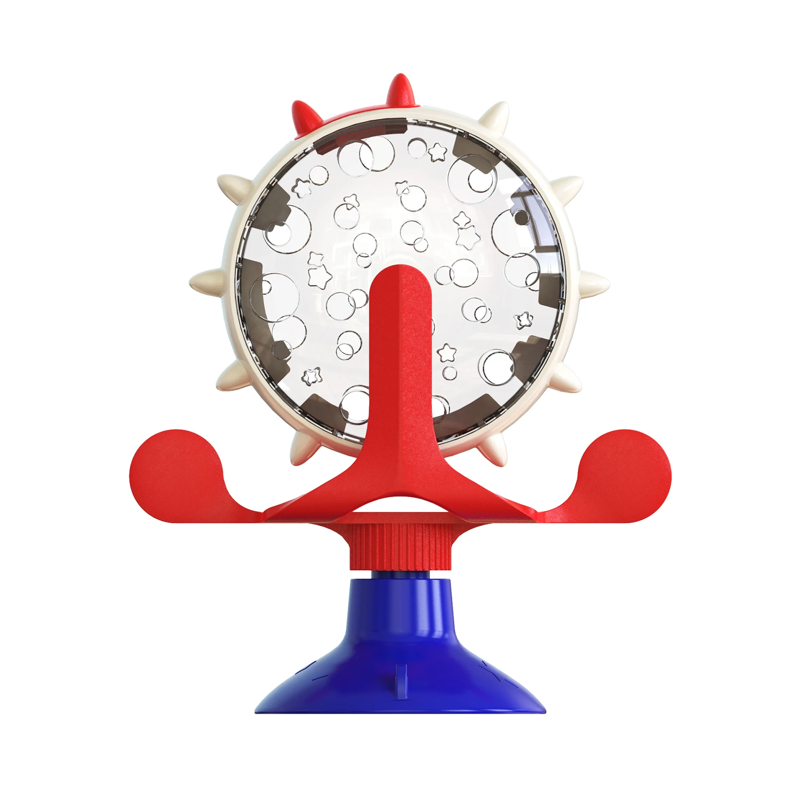 Un juguete azul y rojo con una espiga roja en la parte superior