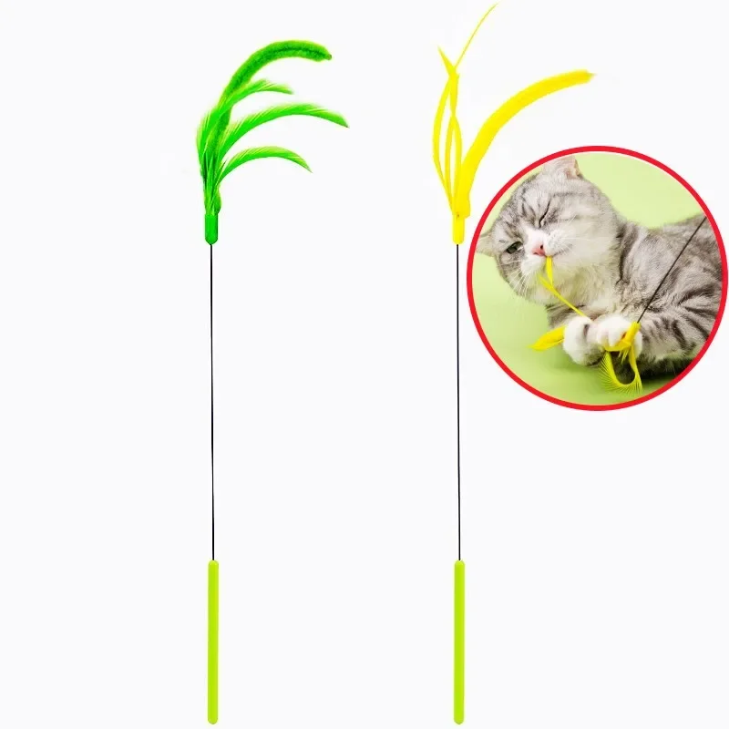 Juguete interactivo de plumas para gatos, palo de cola larga con campana, juguetes de entrenamiento, productos para mascotas