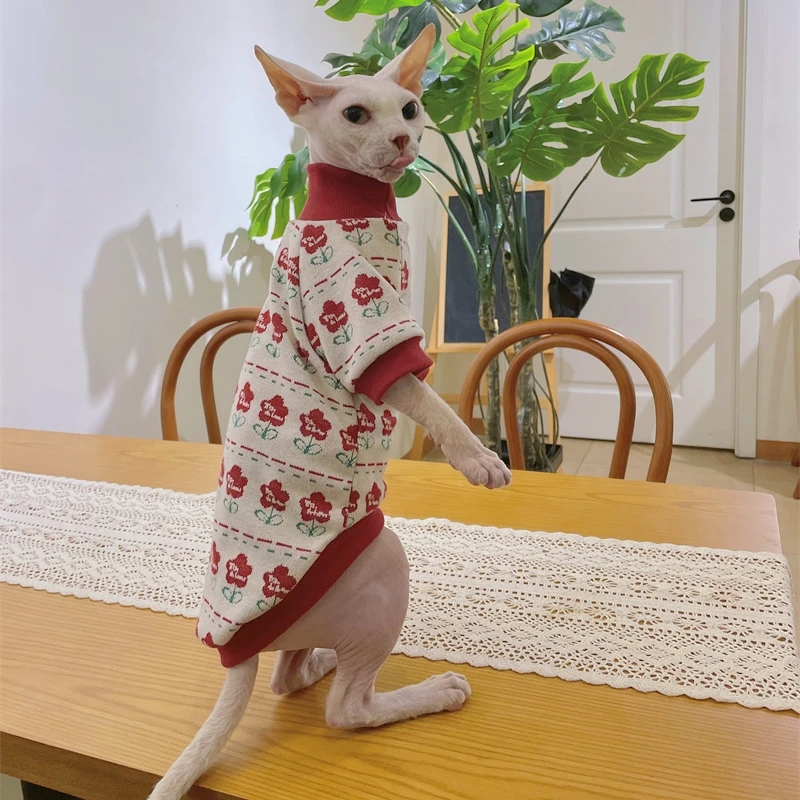 Abrigo de algodón suave para gato Sphynx, sudadera Floral roja, disfraz dulce de manga larga para gatitos, Primavera