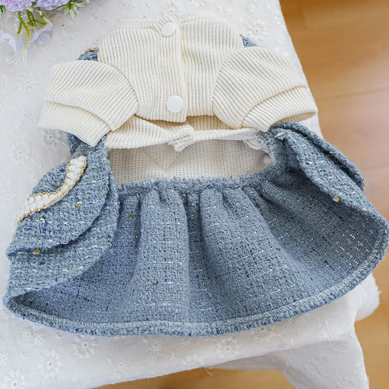 Vestido de perro con pajarita de encaje de lujo, abrigo para perros pequeños, ropa para mascotas de Chihuahua, abrigo de lana azul, chaqueta, ropa de falda para cachorros, Otoño e Invierno - imagen 5