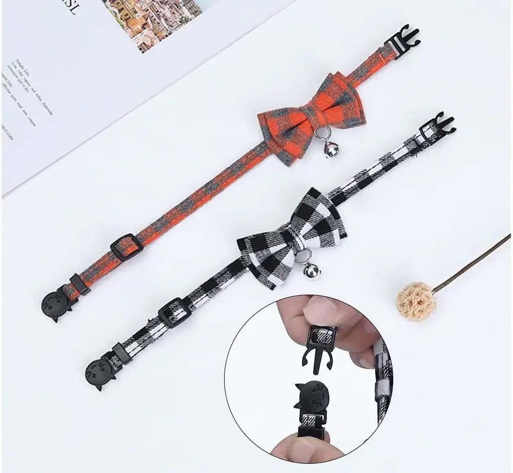 Collar para Gato, pajarita y campana, bonito a cuadros, Navidad, rojo, elástico, ajustable, Collar para perro con marco, campana pequeña para gatos - imagen 4