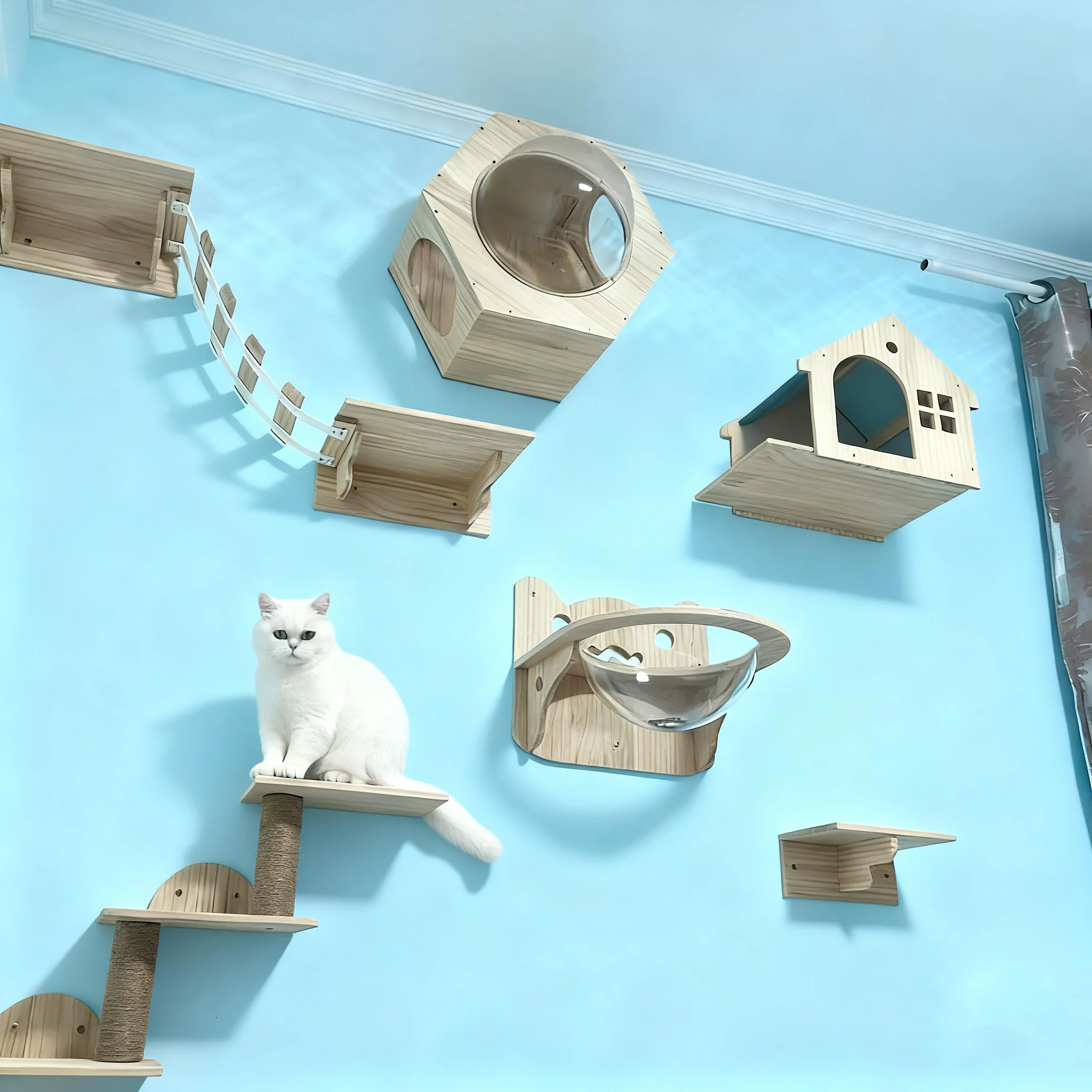Estante de escalada de pared para gatos, escalera de escalones, poste rascador, cama escondida, casa para gatos, torre de árbol, accesorios para muebles para mascotas