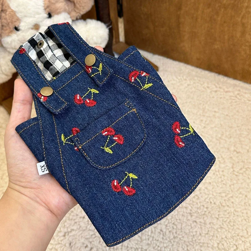 Vestido vaquero azul con Estampado de cereza para perro, falda con tirantes para cachorro, abrigo para perros pequeños, Chihuahua, ropa para mascotas, XS-XL - imagen 3