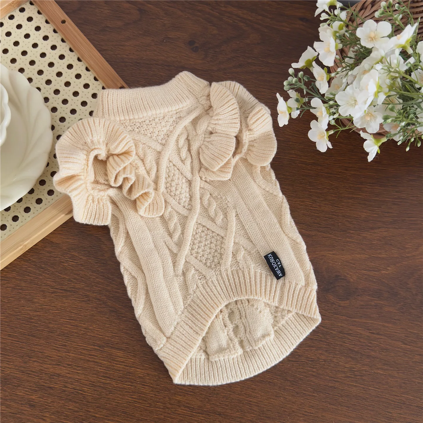 Suéter con giros de masa frita de diamante para otoño e invierno para mascotas, suéter tejido suave sin mangas para perros, ropa para cachorros pequeños - imagen 3