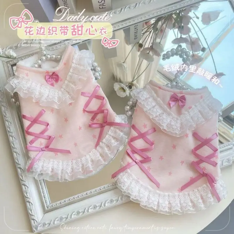 Abrigo de encaje dulce para otoño/invierno para mascotas, falda, abrigo para gatos de otoño/invierno, ropa para cachorros de peluche pequeños, ropa para perros pequeños