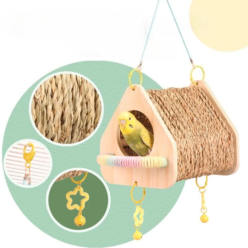 Jaulas para pájaros de madera maciza, jaula colgante de paja para loros, túnel, peonías, loros, nido de pájaros durmientes, accesorios para el hogar, suministros para loros - imagen 4