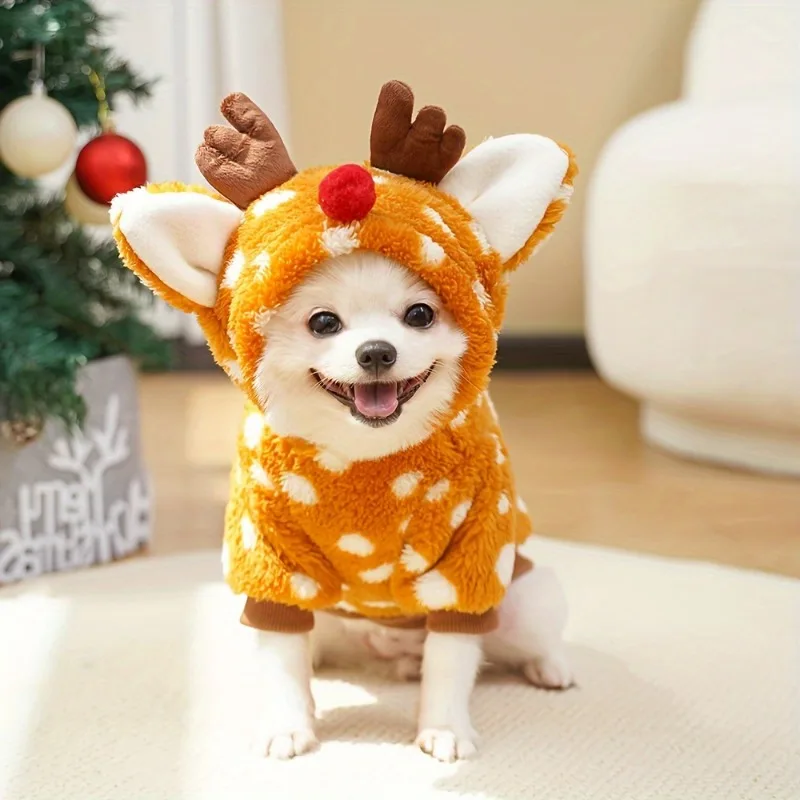 Adorable disfraz de mascota de reno con sombrero para raza media, traje de Navidad de invierno con forro polar suave y cálido, regalo de Navidad para gato/perro - imagen 4