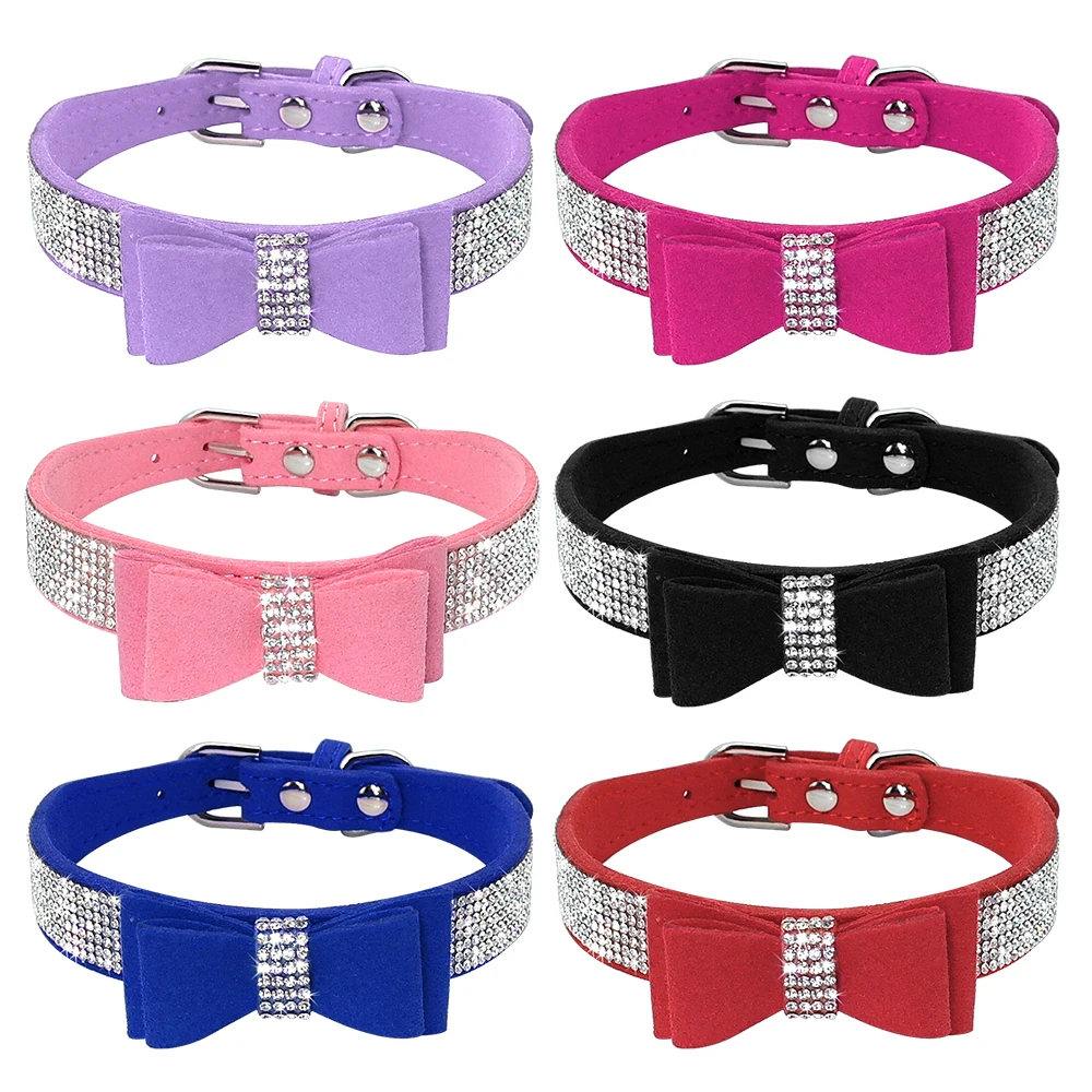 Collar de perro con diamantes de imitación ostentosos, Collar de gato y cachorro con lazo, Collar acolchado suave para mascotas con pajarita, cálido para perros pequeños, Chihuahua - imagen 3