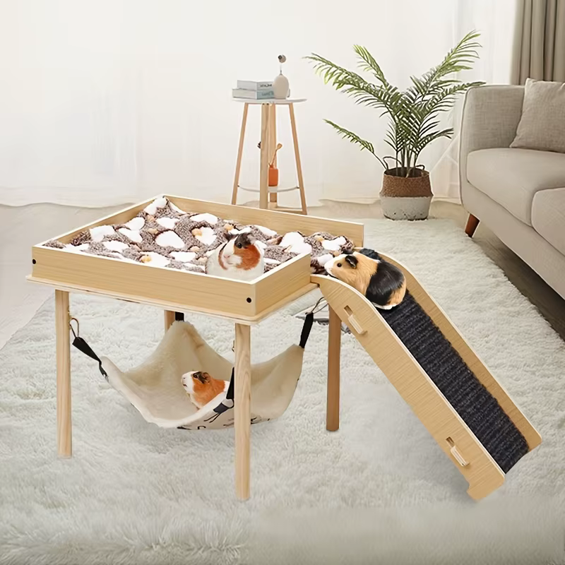 Hamaca de madera con plataforma y escaleras para cobayas y conejos