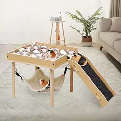 Hamaca de madera con plataforma y escaleras para cobayas y conejos