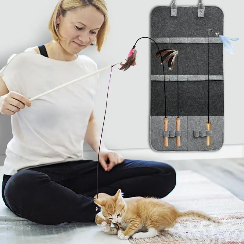 Organizador de juguetes para gatos, bolsa de almacenamiento de pared, contenedor de juguetes para mascotas, soporte de varita Teaser para gatos, ahorro de espacio, bolsa de fieltro - imagen 5