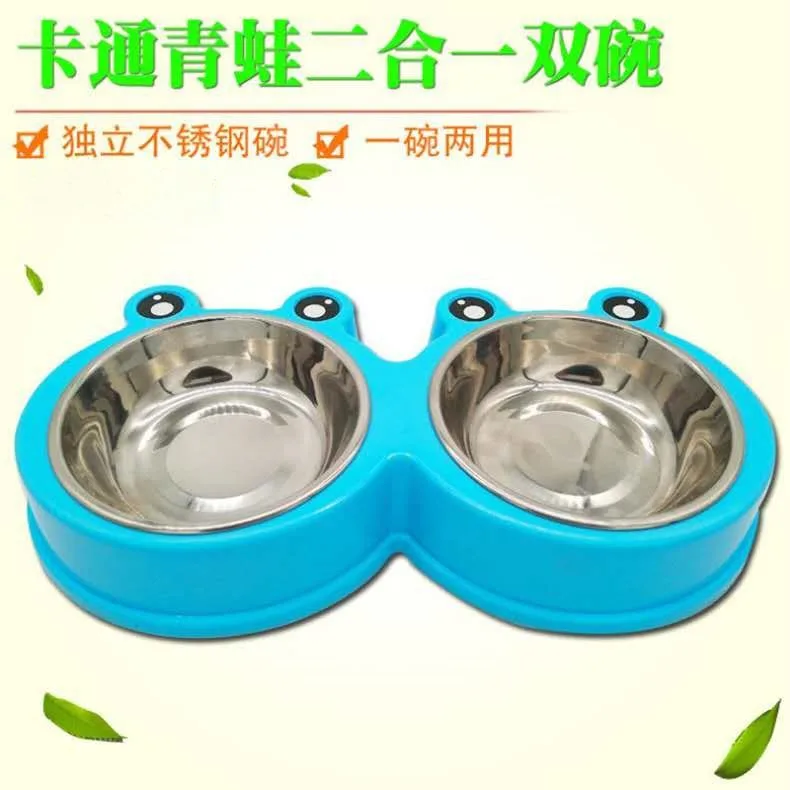 Cuenco para perro de mascota de dibujos animados, cuenco doble de rana de acero inoxidable que reduce el desbordamiento, utensilios de comida para perros - imagen 3
