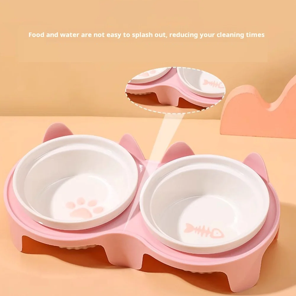 Cuenco de cerámica para gatos, cuenco de comida para gatos, cuenco doble para agua potable, cuenco para perros, boca oblicua para mascotas para proteger las vértebras cervicales - imagen 3
