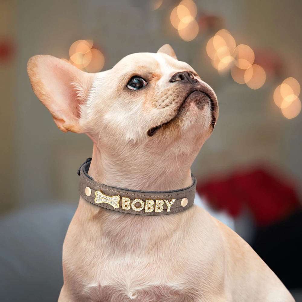 Collar de perro suave personalizado de cuero PU, collares de identificación para cachorros y gatos, accesorio para perros pequeños y medianos con dije de diamantes de imitación gratis, Chihuahua - imagen 3