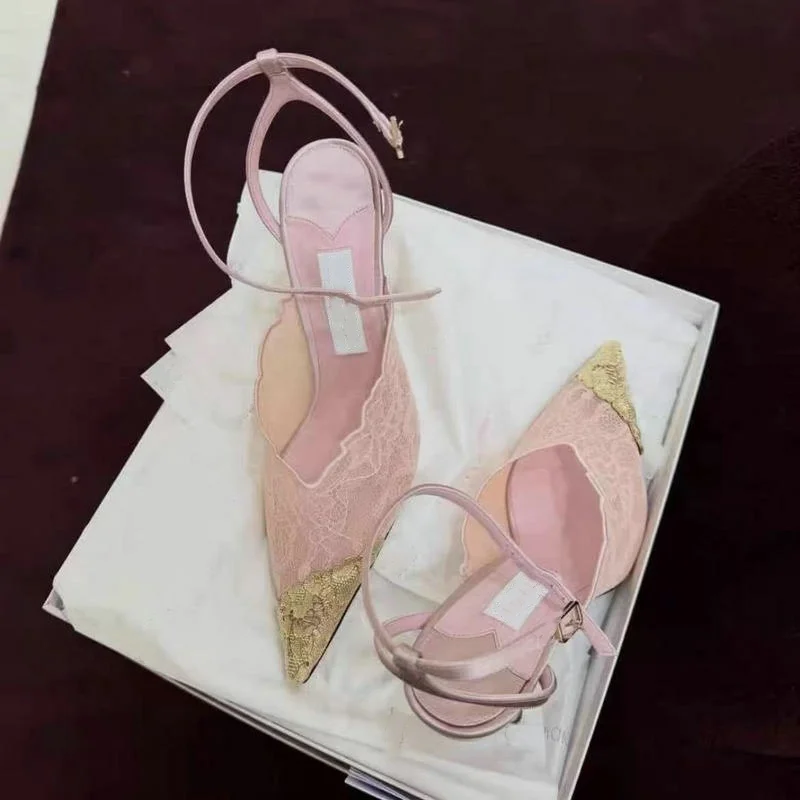 Sandalias slingback de tacón bajo con encaje y malla para mujer - imagen 4