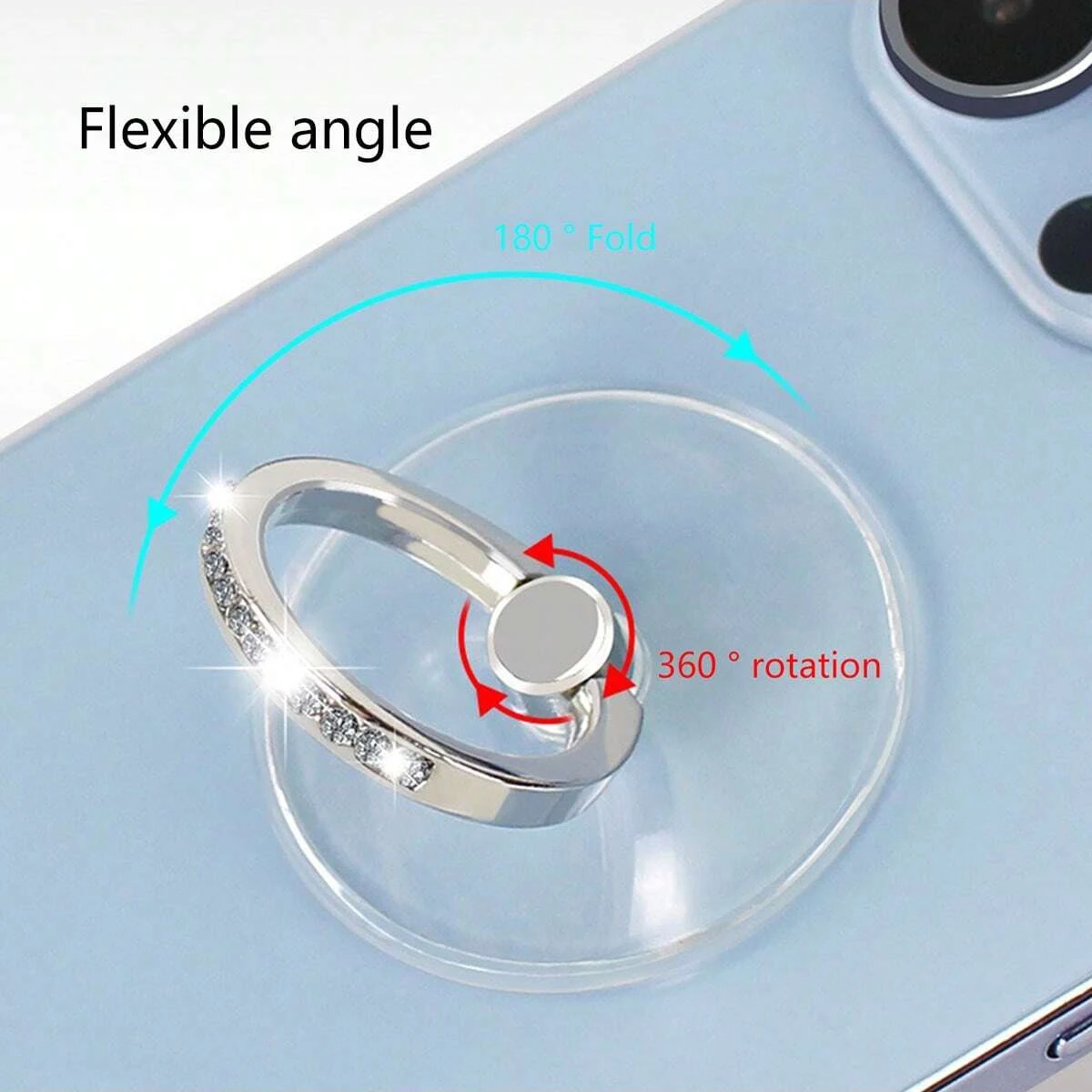 Soporte para anillo de teléfono transparente con diamantes de cristal 360 ° Soporte de agarre de dedo universal giratorio compatible con todos los teléfonos y estuches 1 pieza - imagen 5