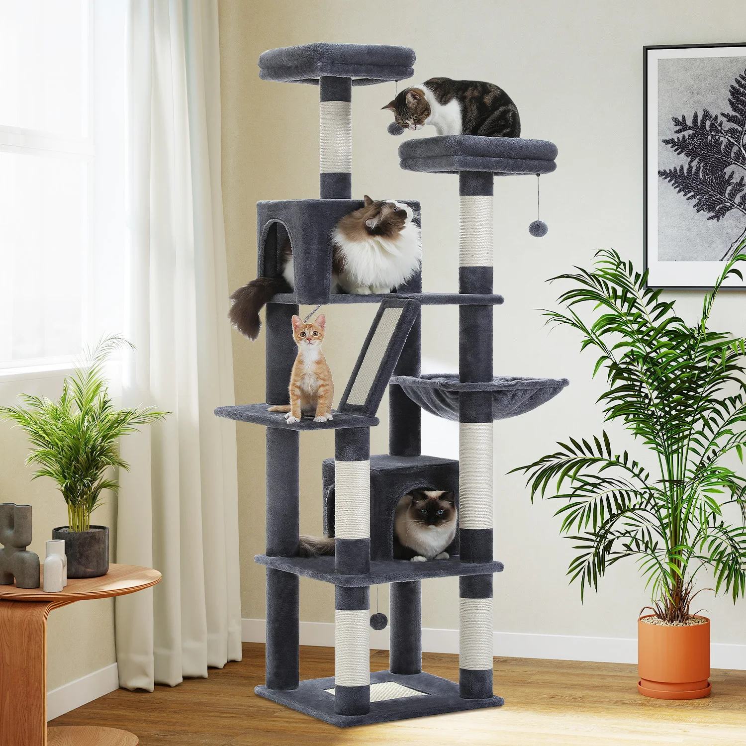 Stable Cat Tree with Natural Sisal Scratching Posts, Soft Hammock & Condo,Spacious Top Perch & Dangling Ball, Cat Tower,Cat Toys