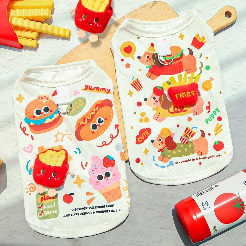 Camiseta de verano con protección UV para perros de compañía, chaleco de malla Unisex con hamburguesa de dibujos animados para gatos, monos, ropa de Bulldog Francés de alta elasticidad - imagen 2